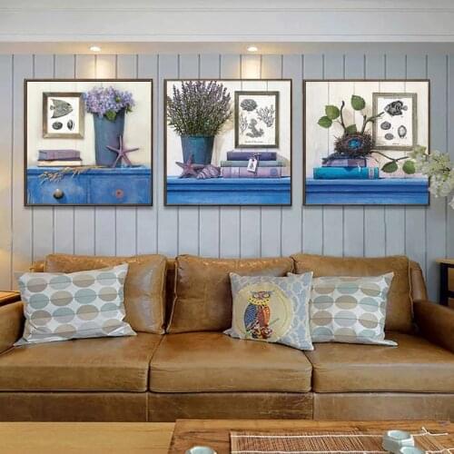 3 Pcs Mediterranean Vintage Style Canvas Art Print Painting Poster, Blue Plants Flowers Wall Picture For Living Room, Home Decor