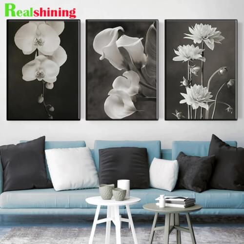 Diamond Embroidery Beautiful black and white floral Diamond Painting Full square round Drill ,Diamant Mosaic Triptych N1620