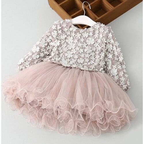 Sweet Kids Baby Girls 3D Flowers Lace Tutu Long Sleeve Dress Party Wedding Princess Dresses 2-6Y