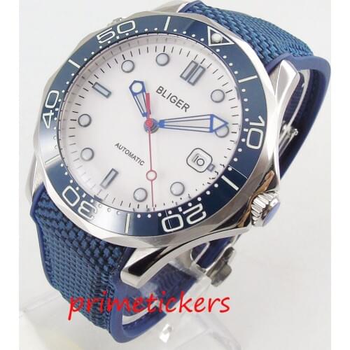 Automatic mens watch date display sapphire crystal 41mm white dial rubber strap luminous hands