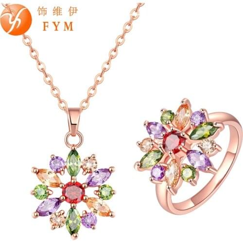 FYM Fashion Brand Flower Jewelry Sets Rose Gold Color Colorful Crystal Pendant Necklace Zircon Rings set For Women Jewelry