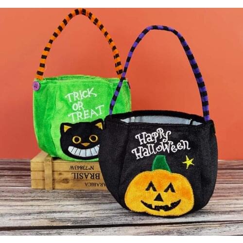 Happy Halloween Trick Or Treat Candy Cookie Bags Pumpkin Witch Black Cat Cloth Handles Bags Halloween Party Kids Gift Package