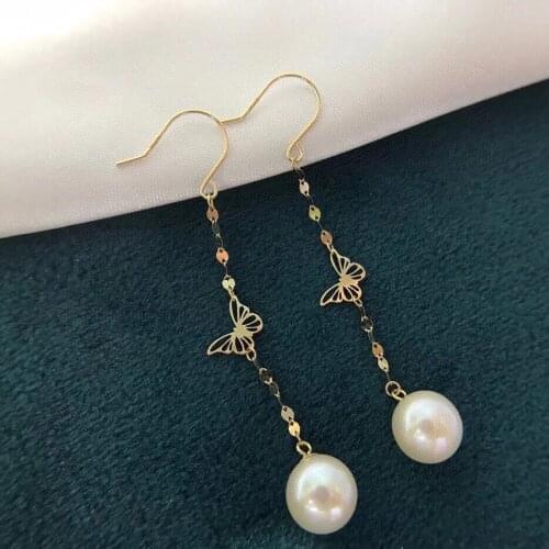 MADALENA SARARA 7-8mm AAA Freshwater Pearl 18K Gold Dangle Line Earrings Butterfly Style Simple Chain AU750 Fine Women Earring