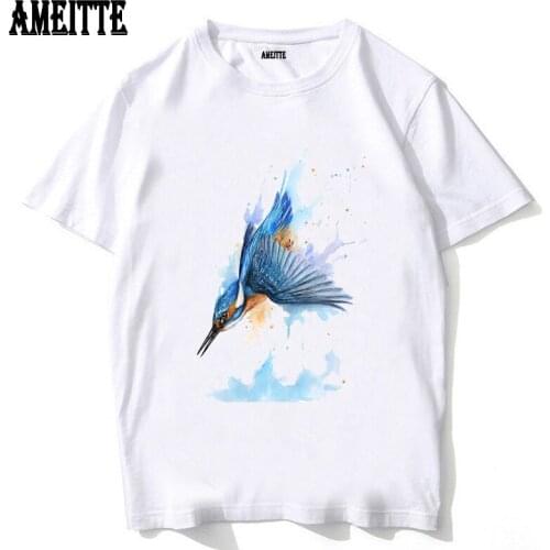 AMEITTE Funny Diving Kingfisher Prey Print T-Shirt New Retro Fashion Men T Shirt Hip Hop Style Boy White Tops Man Casual Tees