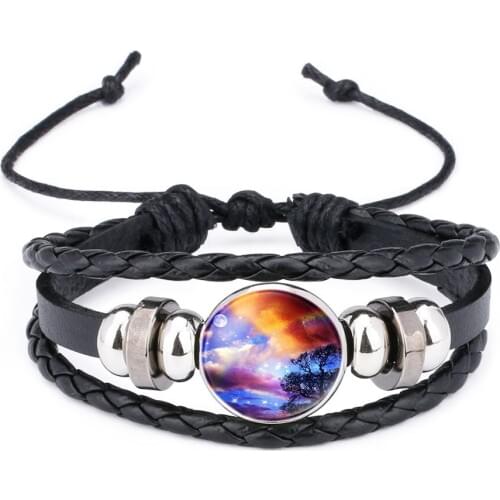 Natural Nebula Galaxy Space Glass Cabochon Wrap Bracelets Handmade Braided Leather Bracelets Punk Jewelry Gift Men Women