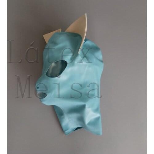 Novelty sky blue animal cat design latex hood with ears and open eyes nostrils and mouth for women