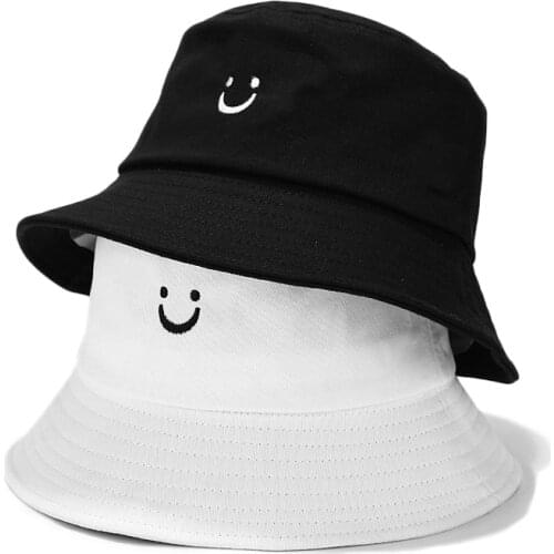 New Women cute Smile Face Embroidery Bucket Hat men Cotton bob Sun Hats Female Outdoor street Travel Beach Panama Fishermen Cap