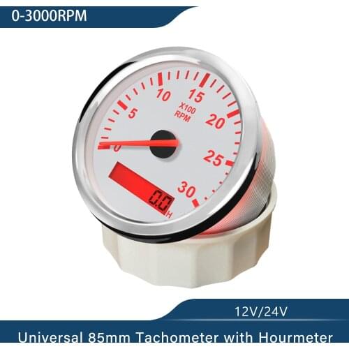 3-8K RPM Tachometer Gauge Tach Sensor REV Counter With Hour Meter 85mm Gasoline Diesel 12V 24V Red Backlight Waterproof