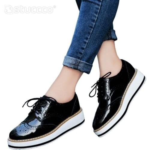Spring Autumn Women Platform Flats Woman Brogue Derby Leather Lace up Classic Bullock Footwear Female Oxford Shoes Lady