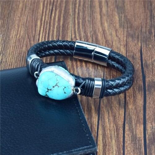 Unique Creative Design Retro Vintage Natural Stone Blue Turquoise Charms Wrap Leather Bracelets Bangles for Men Christmas