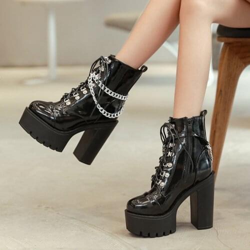 Black Gothic Women Shoes Autumn Ladies Ankle Boots High Heels Sexy Chain Punk Style Patent Leather Boots For Party Zipper
