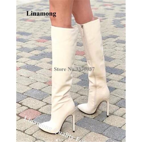 Linamong Elegant Pointed Toe Stiletto Heel Knee High Boots White Leather Side Zipper-up Long High Heel Boots Formal Dress Shoes