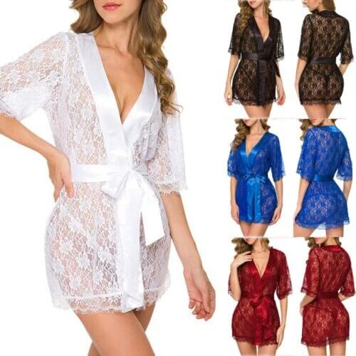 Womens Sexy Robes Sets See Through Sheer Mesh Nightgown Floral Lace Robes Lingerie Female Bathrobe Sleepwear