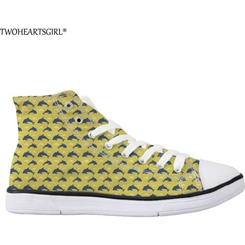 Twoheartsgirl Casual Ocean Dolphin High Top Canvas Shoes Orange Casual Womens Vulcanize Shoes Lightweight Femme Lace Up Shoes