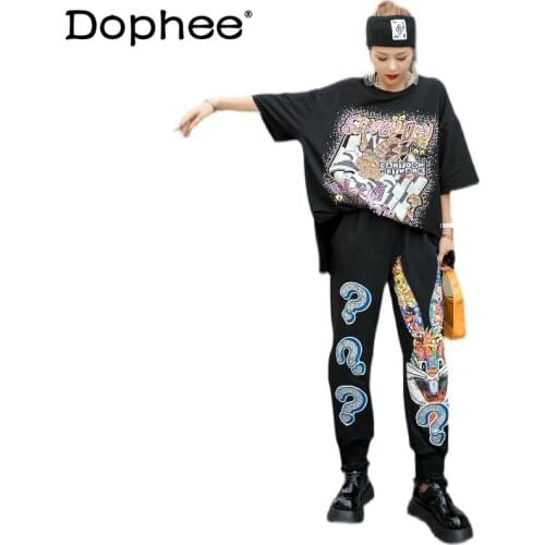European Style Fashion Cartoon Tee Beaded Short Sleeve T-shirt Female Loose Elegant Harem Pants Two Piece Set 2021 Summer Suit