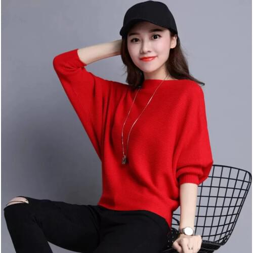 Womens 2019 Autumn New Sweater Short Paragraph Wild Loose Bat Sleeve Bottom Knit Sweater Ladies Fashion Large Size Sweater Top