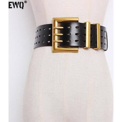 [EWQ] 2020 New Metal Three Pin Buckle PU Leather Belt For Women Hollow Out Wide Genuine Leather Waistband Lady Tide PE329