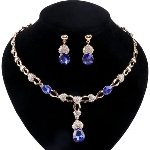 Women Wedding Accessories African Beads Jewelry Set Costume Gold Color Nigerian Blue Gem Crystal Love Necklace Earring Sets