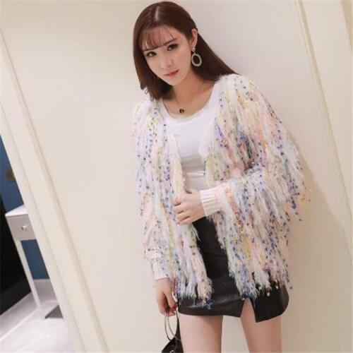 Autumn Winter New Shiny Sequins Colorful Metallic Tassel Sweater Cardigan Women 2020 Sexy Party Club Knitted Loose Coat Outwear