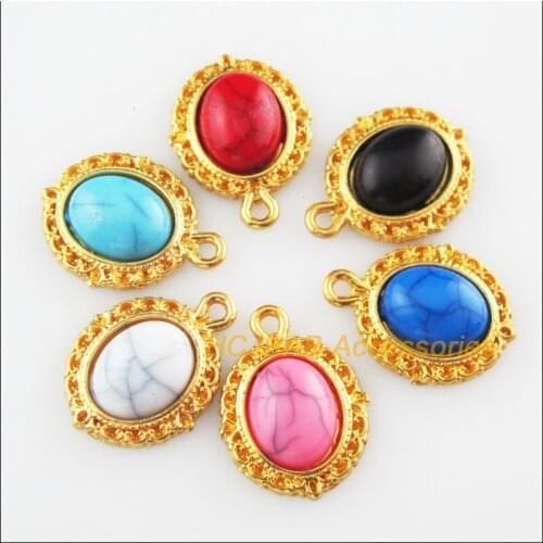 24 New Oval Flower Mixed Charms Stone Gold Color Pendants 13.5x18mm