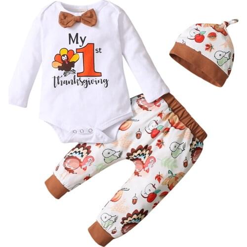 3Pcs Thanksgiving Day Baby Girls Boys Outfit Long Sleeve Letter Romper Top + Turkey print Long Pants + Cap Clothes Set