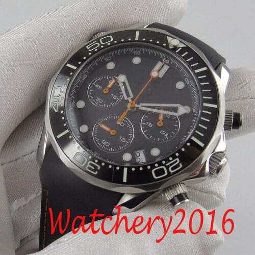 41mm Quartz Men Watch Sapphire Sterile Chronograph Date black dial Rubber Strap