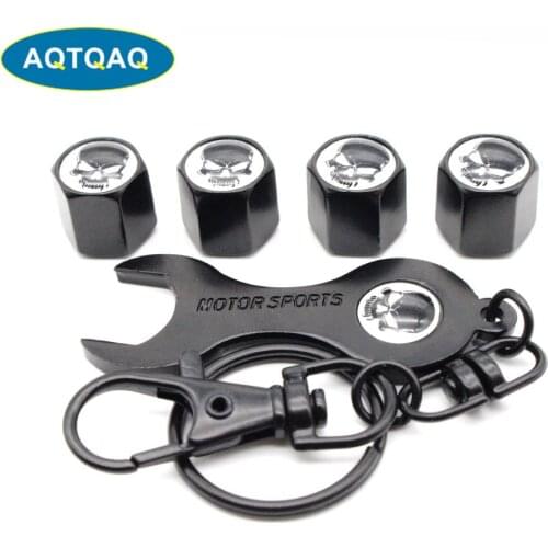 5Pcs/Set Skull Style Anti-theft Emblem Auto Car Wheel Tire Air Valve Caps With Wrench Keychain Zinc Alloy Stem Dust Cover Access