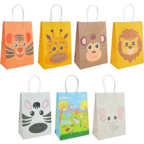 5pcs Portable Kraft Paper Bags Cartoon Animal Print Gift Packaging Bag Handbag for Kids Birthday Safari Jungle Party Supplies