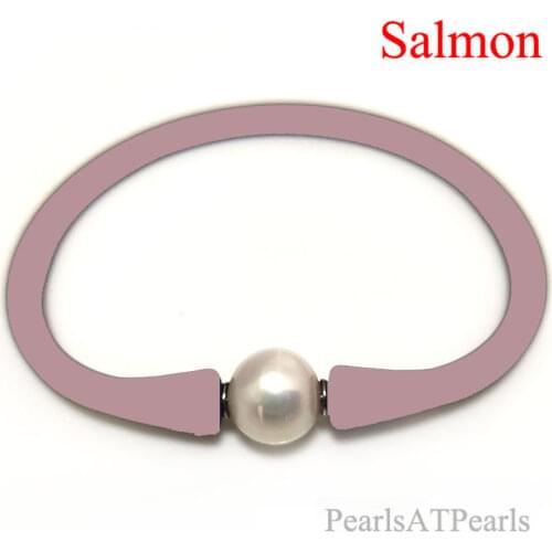 7 inches 10-11mm One AA Natural Round Pearl Salmon Elastic Rubber Silicone Bracelet For Women