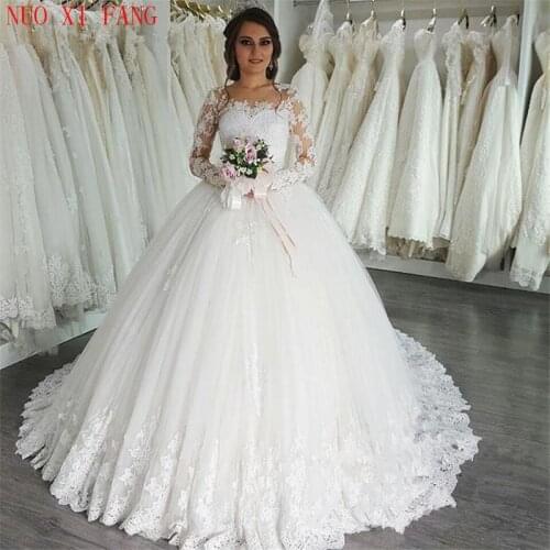 Arabic Design Ball Gown Lace Applique Wedding Dress 2020 bruidsjurken Long Sleeves Illusion Scoop Neck Princess Bridal Gown