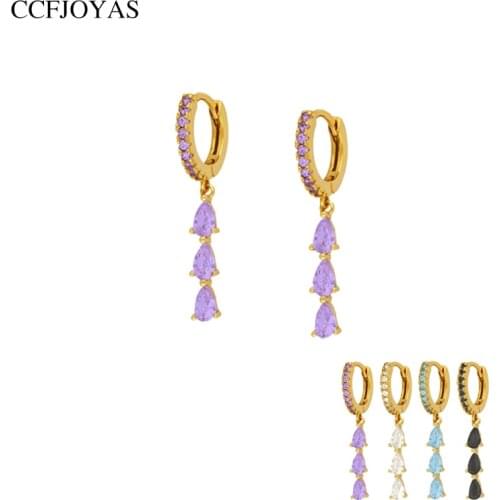 CCFJOYAS 925 Sterling Silver Three Water Drop Shaped Pendant Hoop Earrings for Women Simple CZ Zircon Small Hoop Earring Jewelry