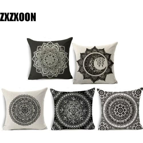 Mandala Black Geometric Moon Decorative Throw Pillows Case Polyester Sofa Cushion Cover for Home Living Room Decoration