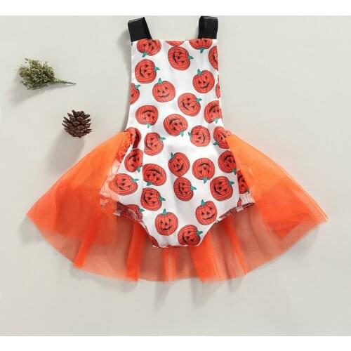 Halloween Breathable Baby Girls Romper Toddlers Sweet Style Pumpkin Printing Sleeveless Mesh Skirt Splicing Suspender Jumpsuit