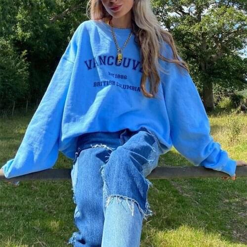 Nice Blue Letter Print Vintage Preppy Style Oversized Sweatshirt for Teens Girls Casual Loose Long Sleeve Harajuku Tops Clothes