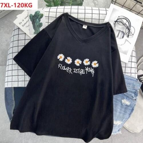 Summer women short sleeve t-shirt flower floral casual v-neck tshirt large size 7XL tees loose oversize cotton tops 50 52 100KG
