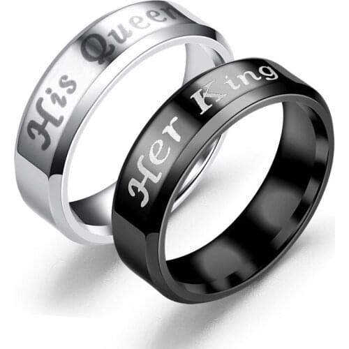Fashion His Queen Her King Couple Ring Stainless Steel Black Silver Color Adjustable Ring Wedding Ring for Women Men Jewelry