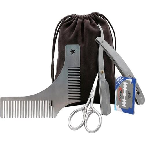 Men Beard Grooming Kit Trimming Shaving Comb Set Mustache Scissors Shaping Shaver Safety Razor Beard Care Styling Tool