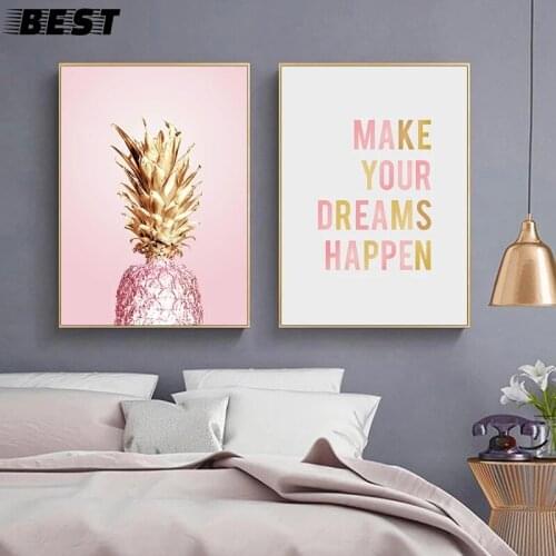 Pink Golden Pineapple Nordic Poster Ananas Quotes Canvas Wall Art Print Home Painting Decorative Pictures for Living Room Decor