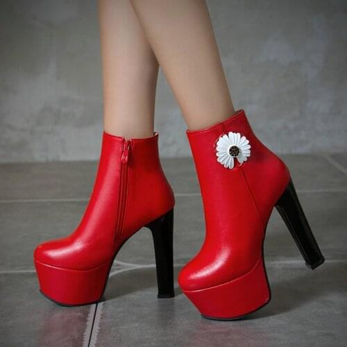 New Winter Women Shoes Bright Color Imitation Leather Platform Ladies Ankle Boots Autumn Spring Side Zipper Super High Heel Boot