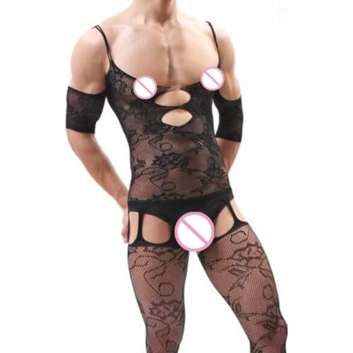 Plus Size Mens Mesh Underwear Sexy Nightwear Sex Clothes Open Crotch Fishnet Bodysuit Bodystocking Sissy Lingerie for Men Gay