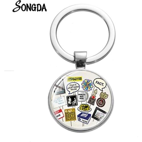 Cartoon Pattern The Office TV Show Keychain Dwight Schrute Pretzel Funny Glass Crystal Key Ring Fashion Men Car Keychains