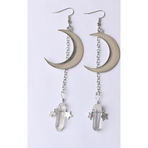 White Quartz Crystal Aura Witchy Earrings, Crescent Moon Gothic Occult Boho Crystal Crown Accessories Jewelry Earrings