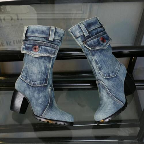 Stylish Blue Denim Boots Women Shoes Cowboy Pocket Design Knee High Boots Square Heel Short Plush High Heels Boots botas mujer