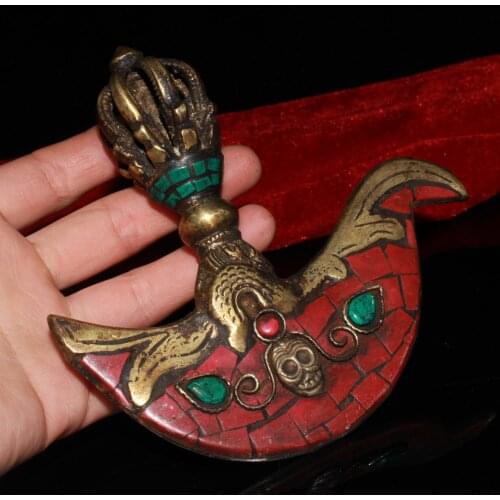 Tibetan Tantric Buddhism handmade Small Dharma artifact ,Old Tibet Pure Copper Turquoise Vajra Sword /Ritual Dagger Figurines
