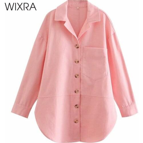 Wixra Women Blouse Street Style Turn Down Collar Pink Solid Long Sleeve Korean Chic Elegant Shirts Lady Clothes Blusas Pockets