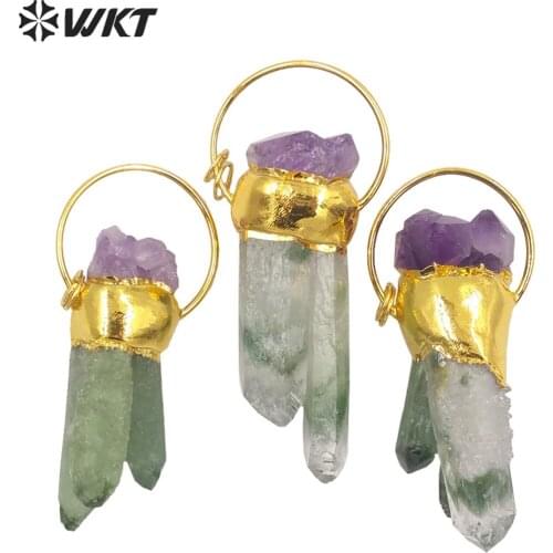 WT-P1694 Fashion Gold electroplated healing green cluster quartz stone pendant Lady big irregular quartz pendant