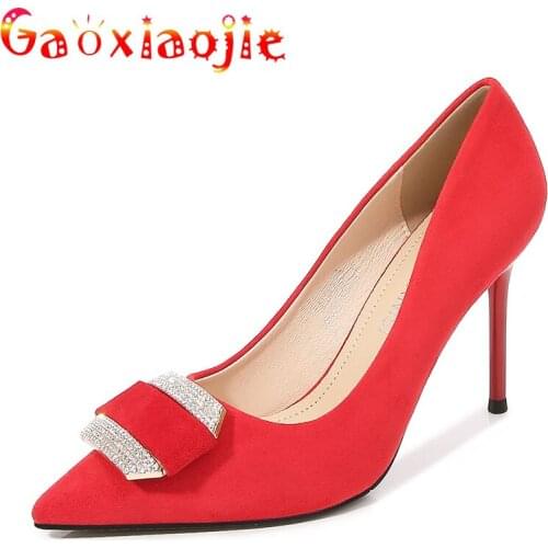2021 New Womens Pumps Fashion Pointed Toe Office Shoes Glistening Water Drill Buckle Pure Colour Flock 9.5CM Shallow Stiletto