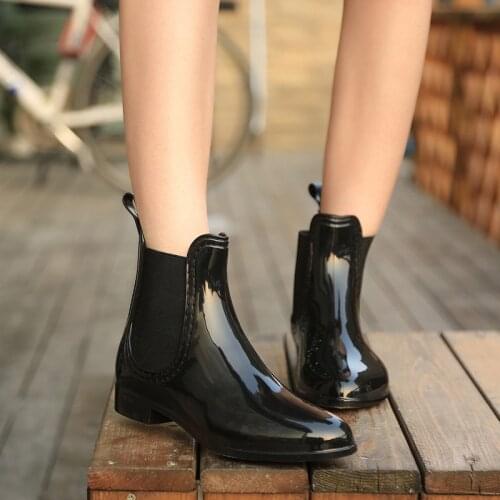 Female Spring Ankle Boots Elastic Band Slip on Low Heels Ankle Rain Boots Women Rubber Waterproof Non-slip Platform Ladies Boots
