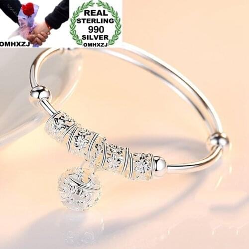 OMHXZJ Wholesale European Fashion Woman Girl Party Wedding Gift Lucky Beads S990 Sterling Silver Cuff Bangle BA02