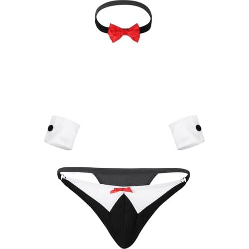 Men Exotic Waiter Lingerie Set Cosplay Night Club Costumes Tuxedo Novelty Sexy Gay Brief Panties Underwear Bow Tie Bracelets Set